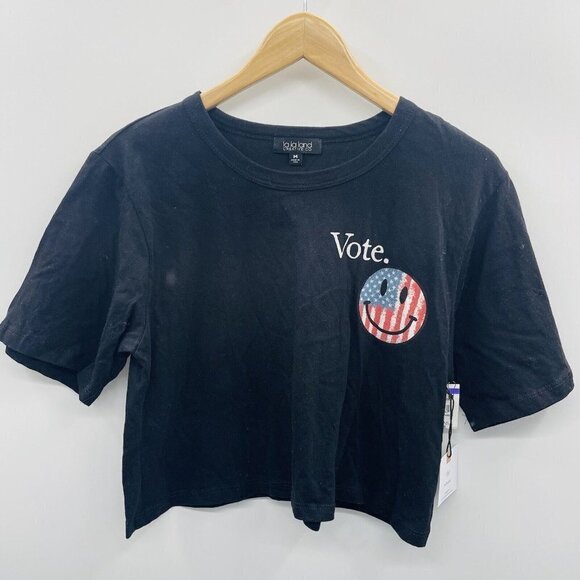 La La Land Creative Co Womens Medium Vote Tshirt Crop Top Happy Face Black 1203 - Picture 3 of 8